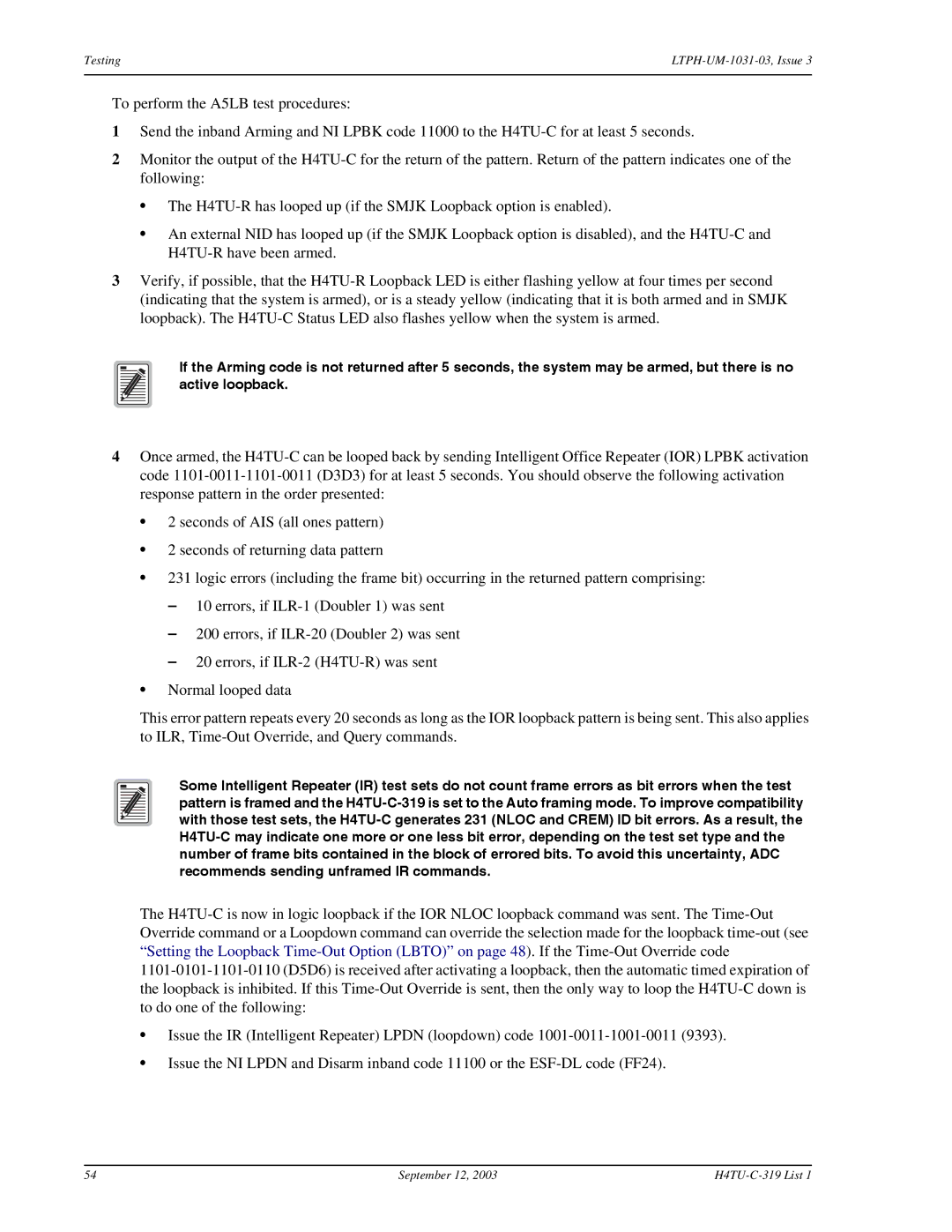 ADC HDSL4, H4TU-C-319 List 1 Line Unit user manual Testing 