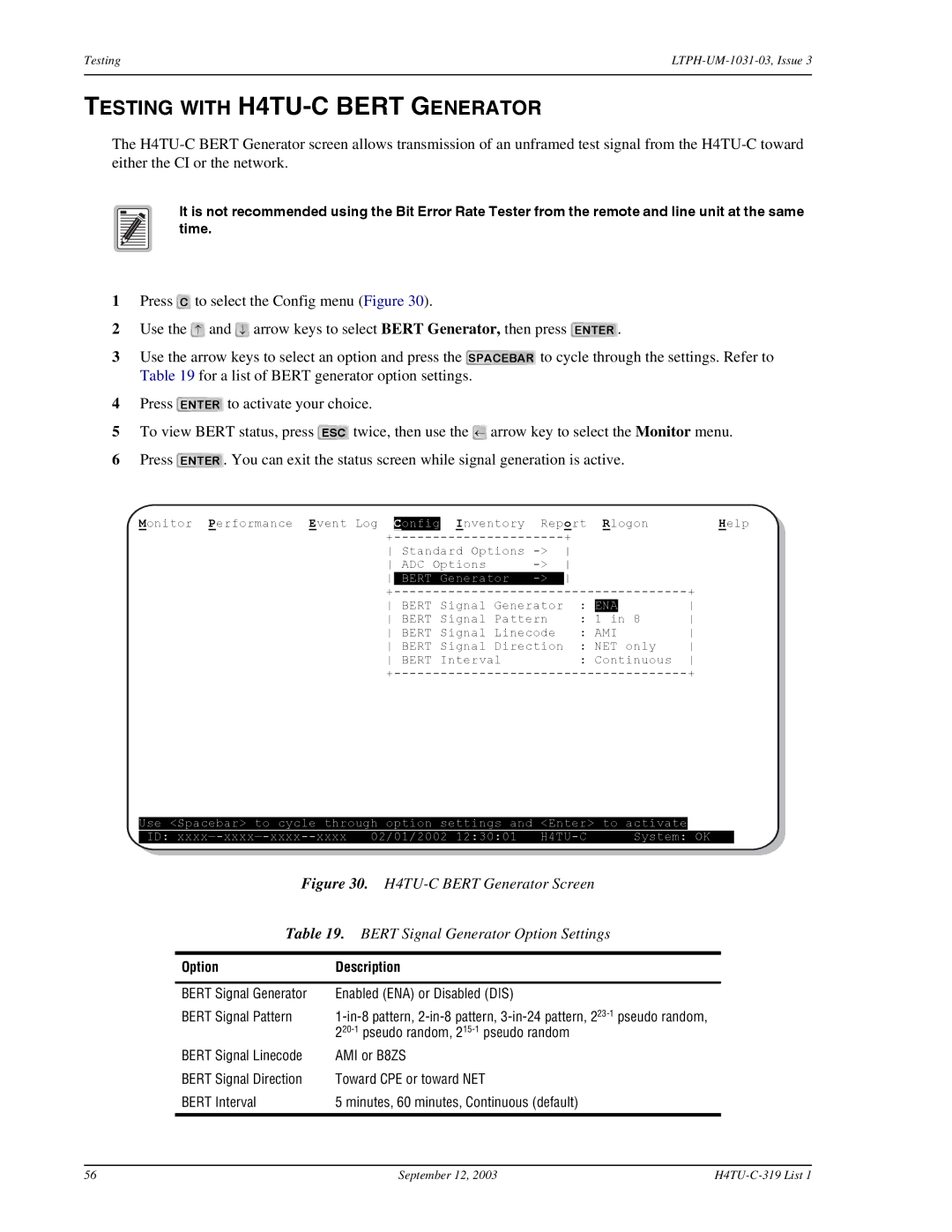 ADC HDSL4 user manual Testing with H4TU-C Bert Generator, Option Description, Bert Signal Generator, Bert Signal Pattern 