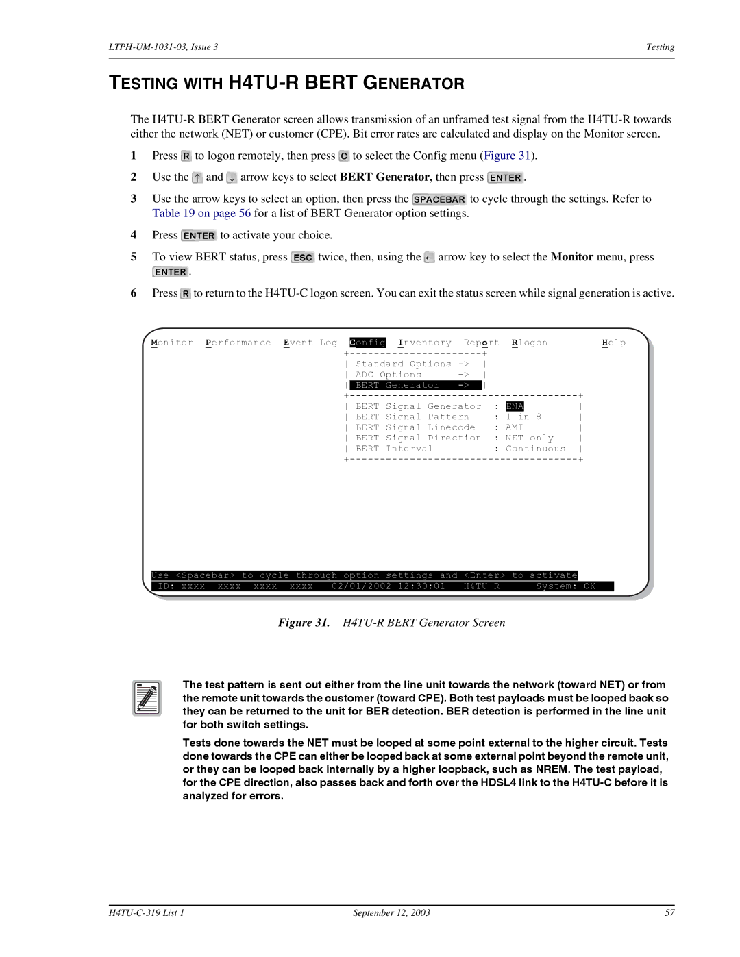 ADC H4TU-C-319 List 1 Line Unit, HDSL4 user manual Testing with H4TU-R Bert Generator, H4TU-R Bert Generator Screen 