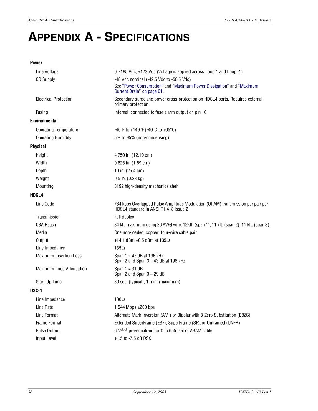 ADC HDSL4, H4TU-C-319 List 1 Line Unit user manual Appendix a Specifications 