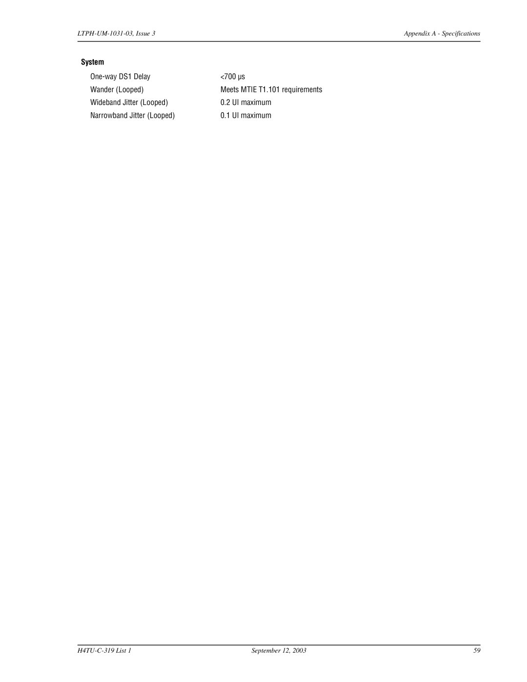 ADC H4TU-C-319 List 1 Line Unit, HDSL4 user manual System, One-way DS1 Delay 700 µs Wander Looped 