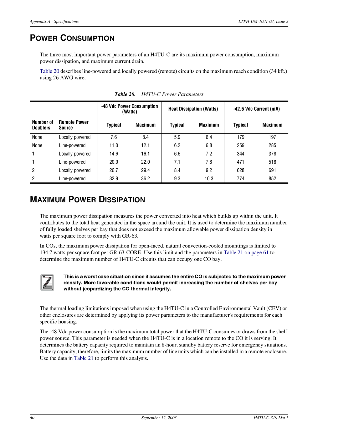 ADC HDSL4, H4TU-C-319 List 1 Line Unit user manual Power Consumption, Maximum Power Dissipation, H4TU-C Power Parameters 