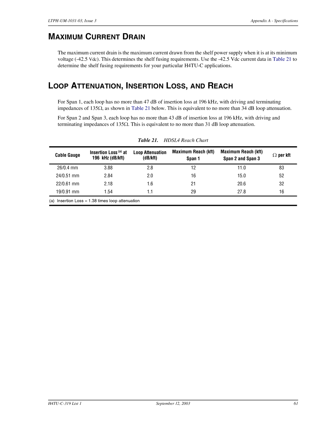 ADC H4TU-C-319 List 1 Line Unit Maximum Current Drain, Loop ATTENUATION, Insertion LOSS, and Reach, HDSL4 Reach Chart 