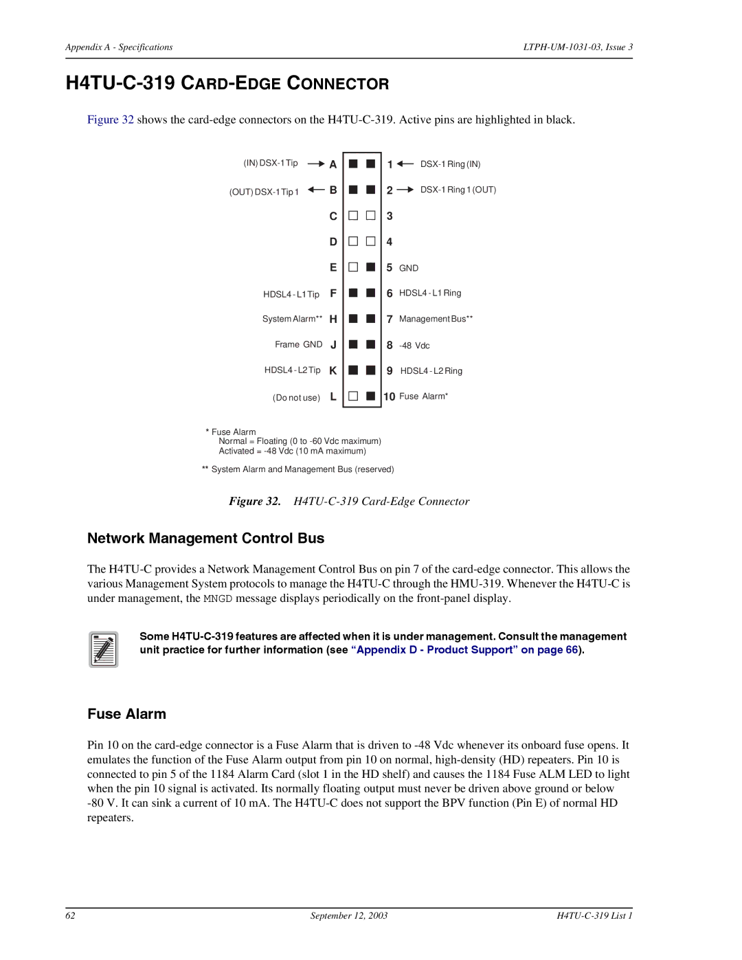 ADC HDSL4, H4TU-C-319 List 1 Line Unit user manual Network Management Control Bus, Fuse Alarm 