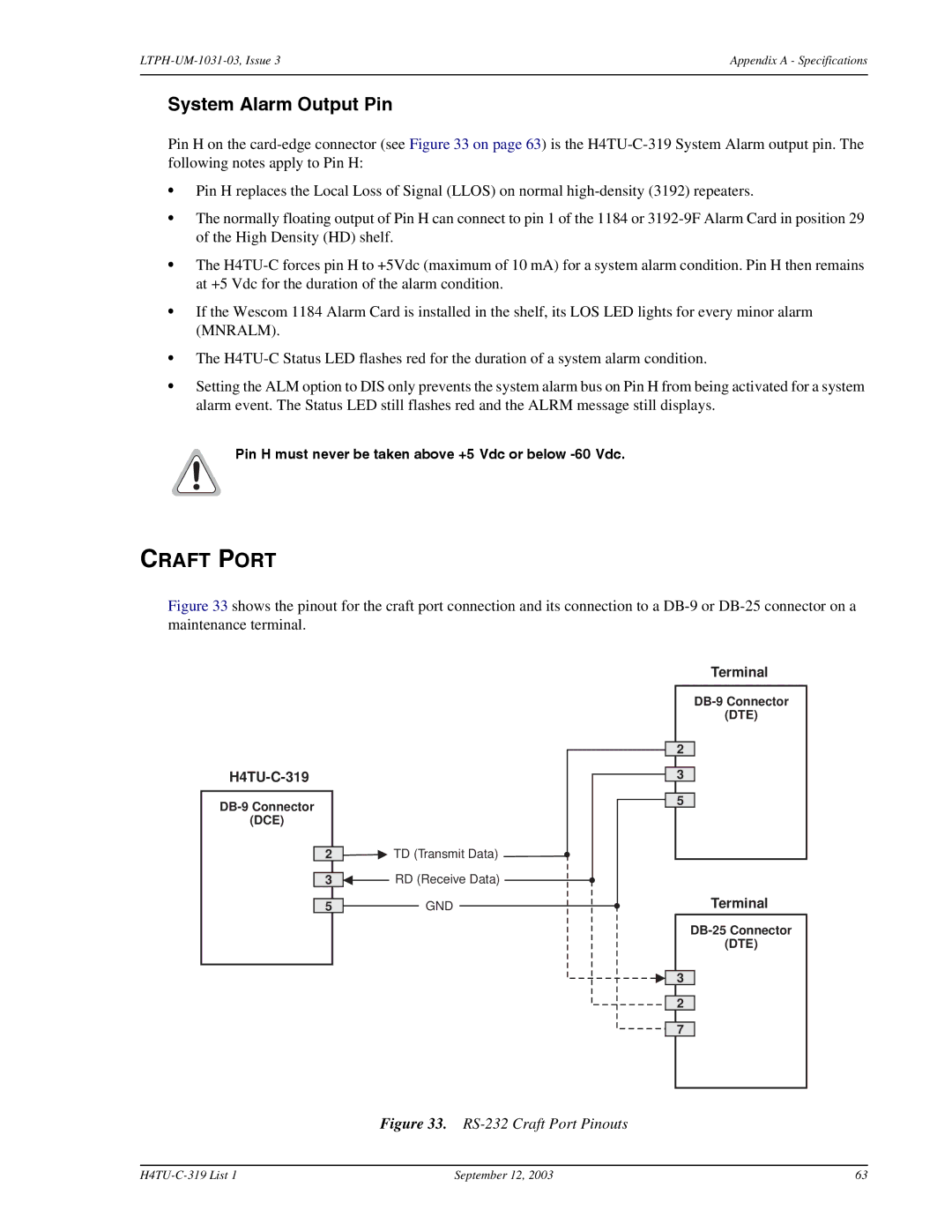 ADC H4TU-C-319 List 1 Line Unit, HDSL4 user manual Craft Port, System Alarm Output Pin 