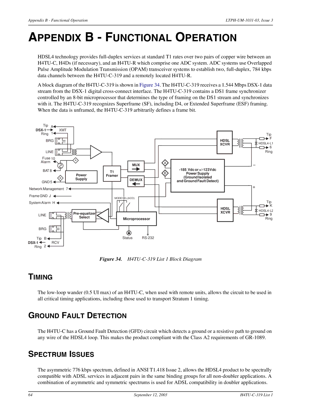 ADC HDSL4, H4TU-C-319 List 1 Line Unit Appendix B Functional Operation, Timing, Ground Fault Detection, Spectrum Issues 