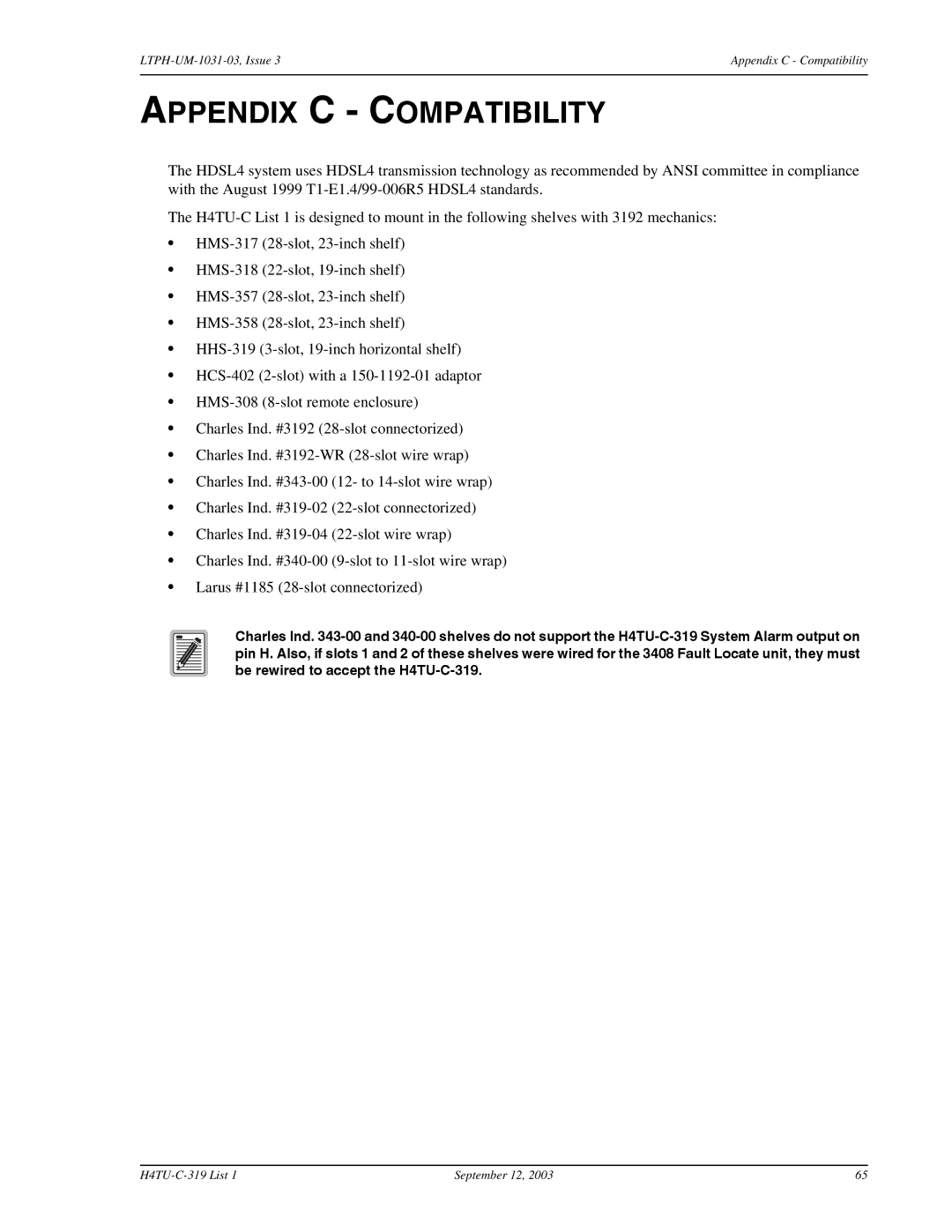 ADC H4TU-C-319 List 1 Line Unit, HDSL4 user manual Appendix C Compatibility 