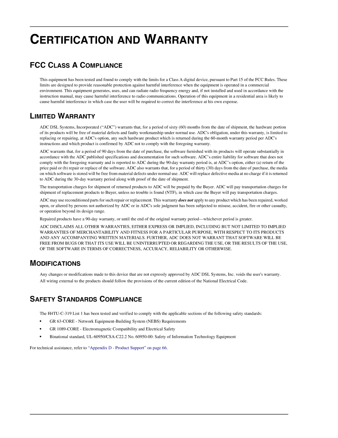 ADC HDSL4, H4TU-C-319 List 1 Line Unit user manual Certification and Warranty, FCC Class a Compliance Limited Warranty 