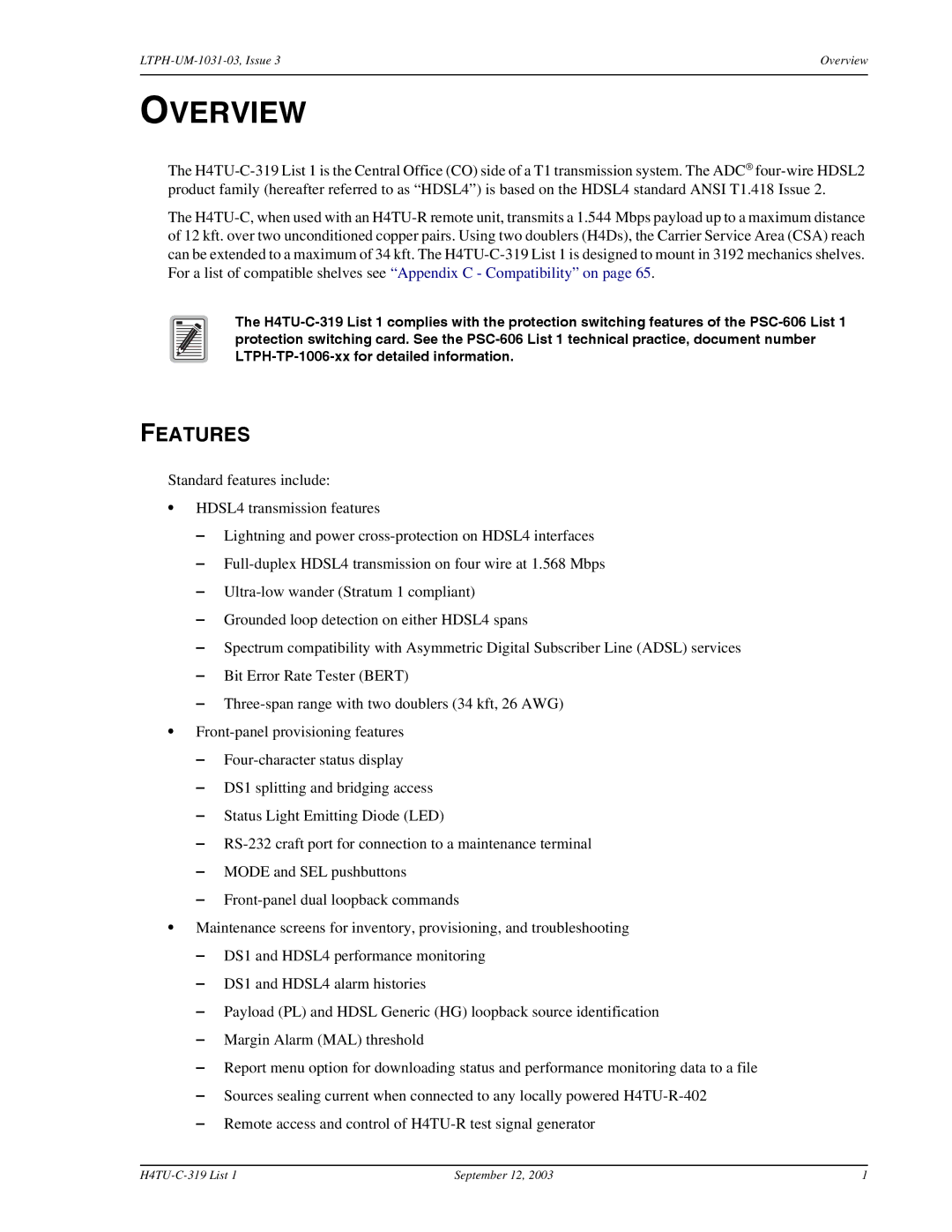 ADC H4TU-C-319 List 1 Line Unit, HDSL4 user manual Overview, Features 