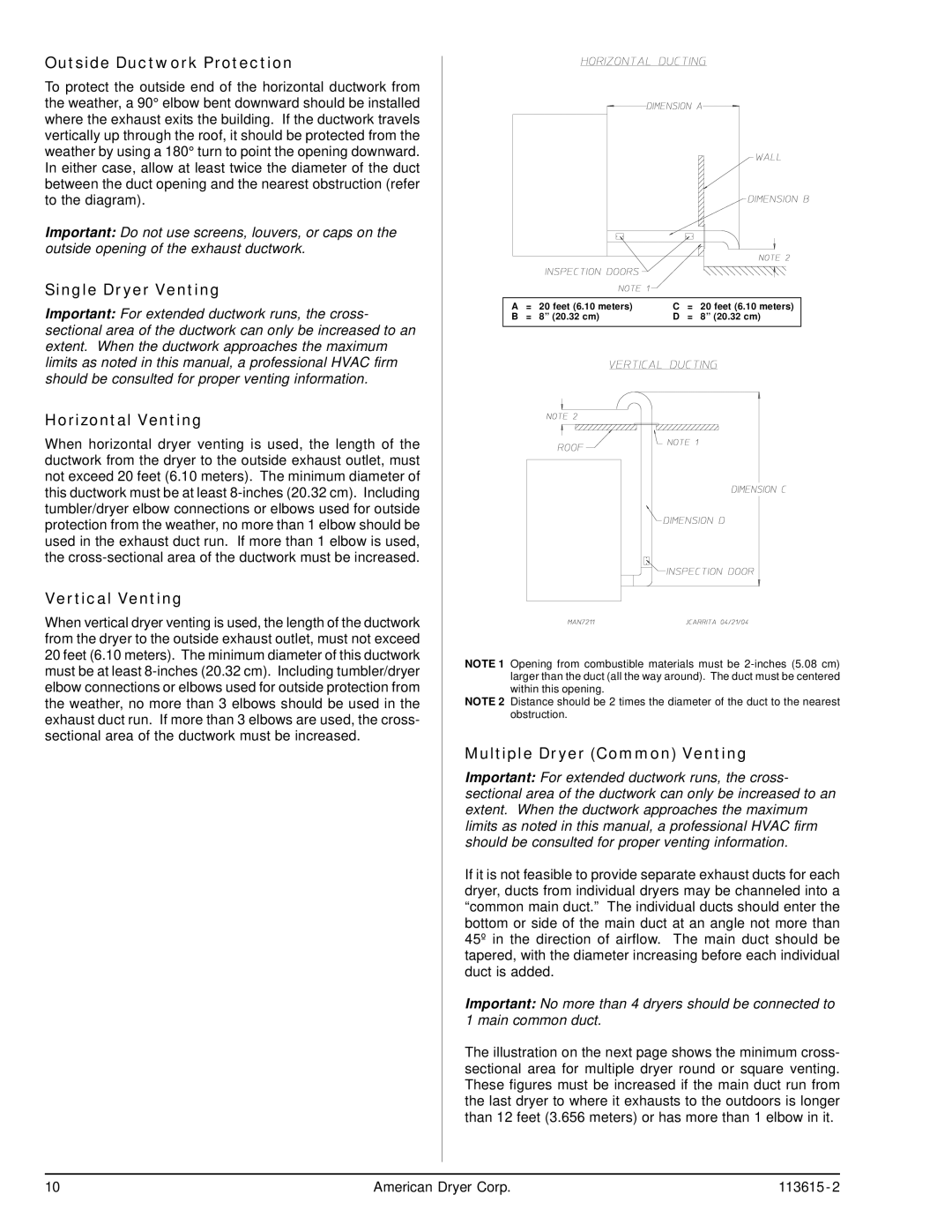 ADC HBG76 manual Outside Ductwork Protection, Single Dryer Venting, Horizontal Venting, Vertical Venting 