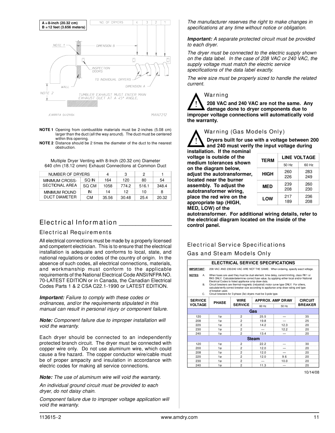 ADC HBG76 Electrical Information, Electrical Requirements, Electrical Service Specifications Gas and Steam Models Only 