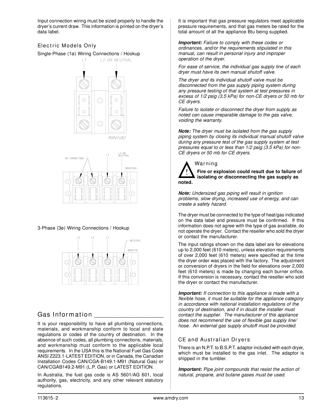 ADC HBG76 manual Gas Information, CE and Australian Dryers 