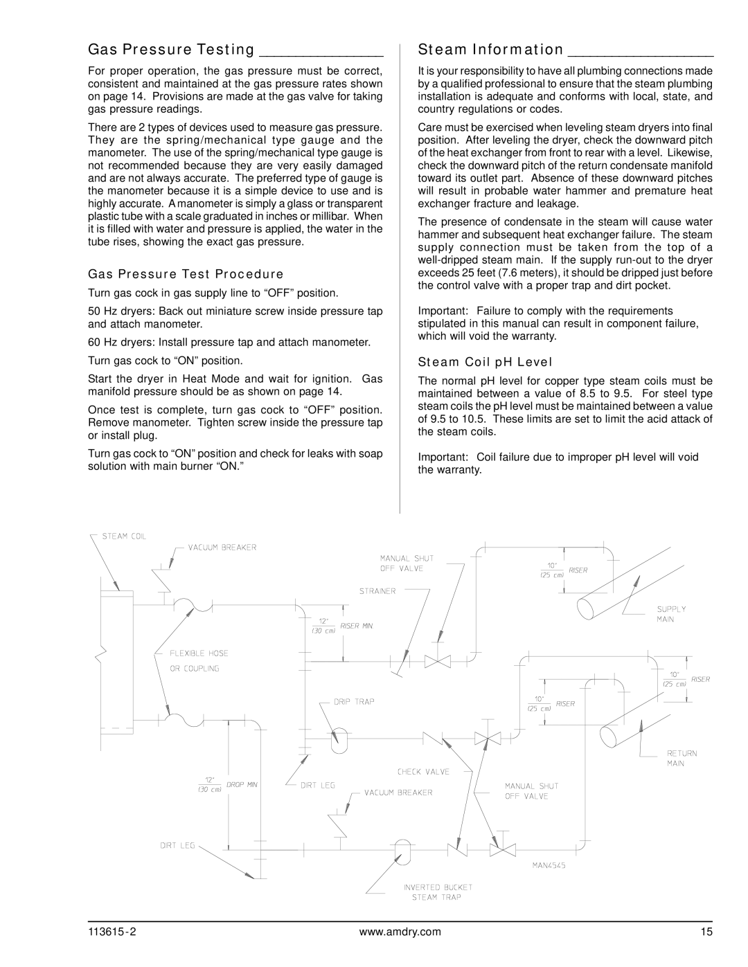 ADC HBG76 manual Gas Pressure Testing, Steam Information, Gas Pressure Test Procedure, Steam Coil pH Level 