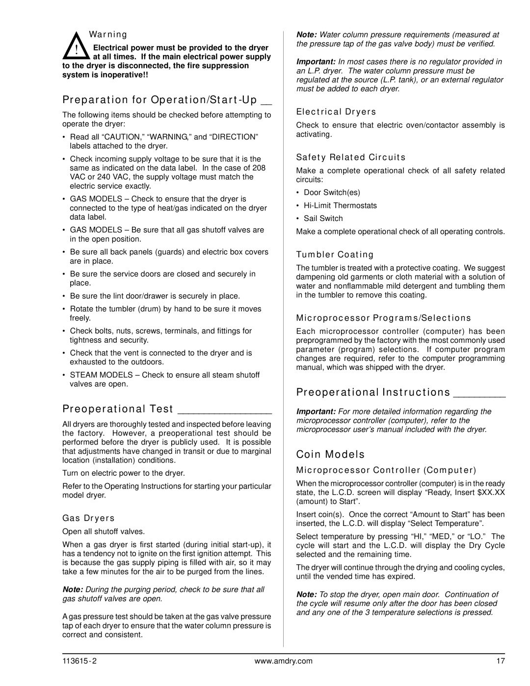 ADC HBG76 manual Preparation for Operation/Start-Up, Preoperational Test, Preoperational Instructions, Coin Models 