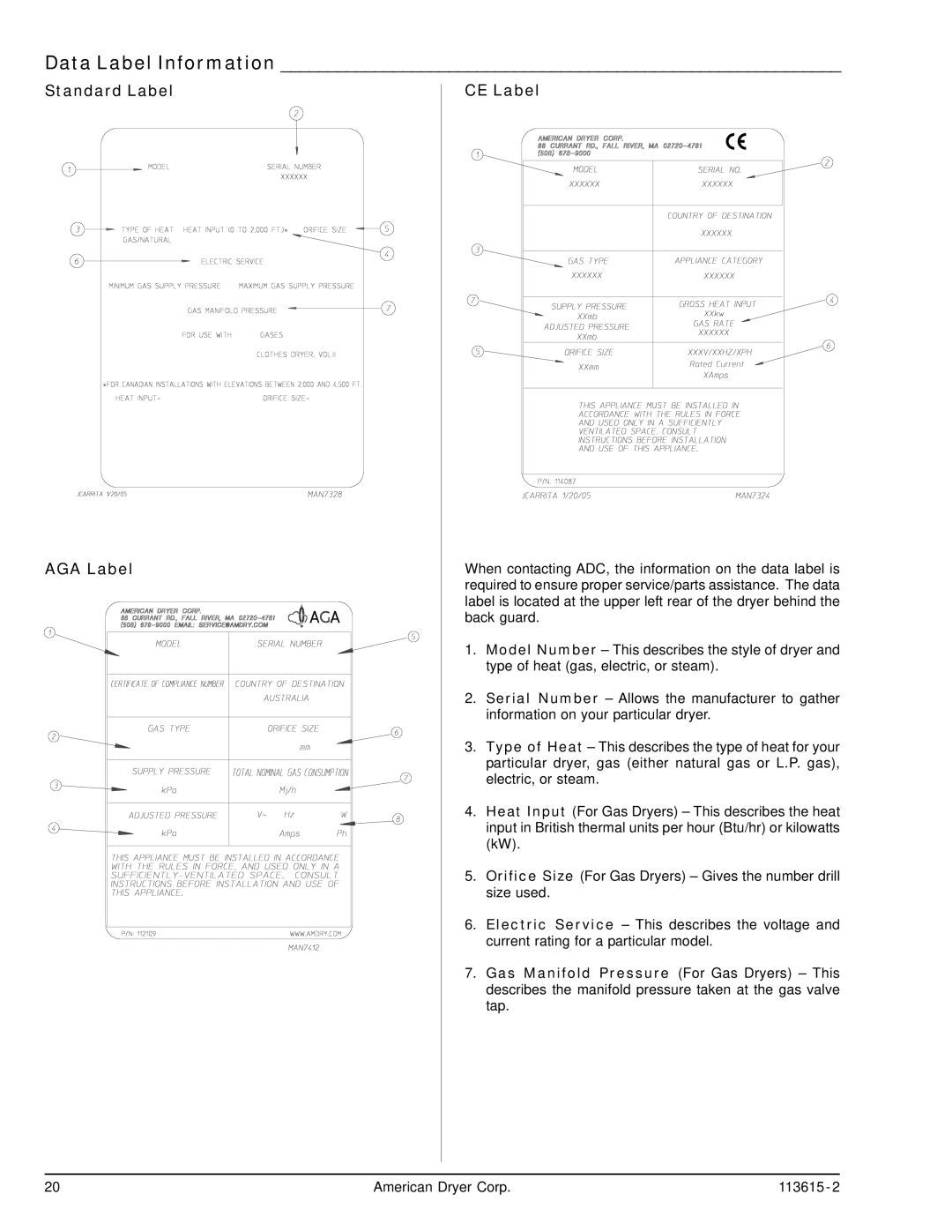 ADC HBG76 manual Data Label Information, Standard Label AGA Label CE Label 