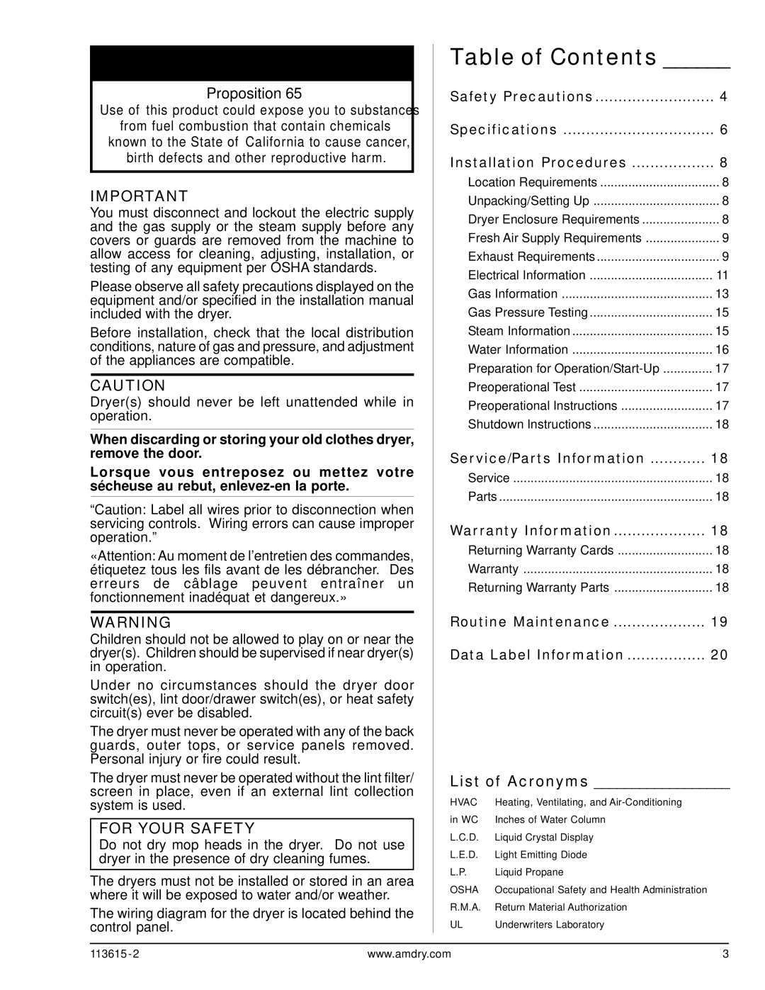 ADC HBG76 manual Table of Contents 