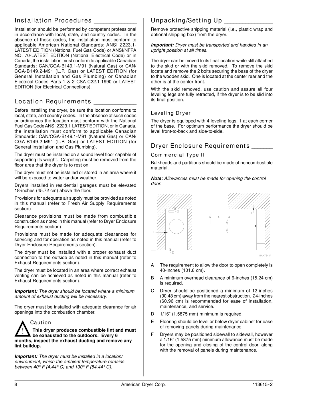 ADC HBG76 manual Installation Procedures, Location Requirements, Unpacking/Setting Up, Dryer Enclosure Requirements 