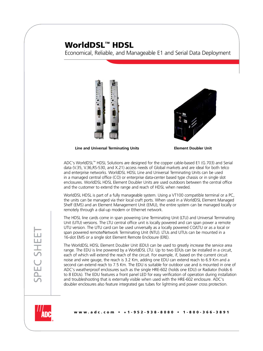 ADC HDSL manual Spec Sheet, Line and Universal Terminating Units 