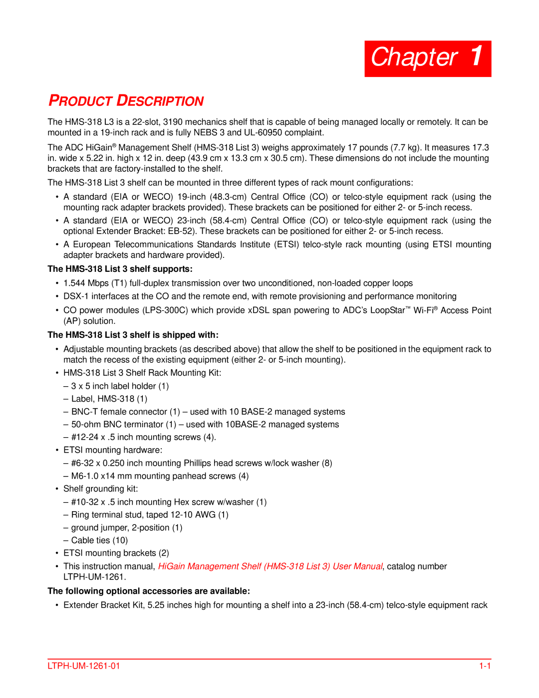 ADC T1MF2S04RA, HMS-318, LTPH-UM-1261-01 user manual Chapter, Product Description 