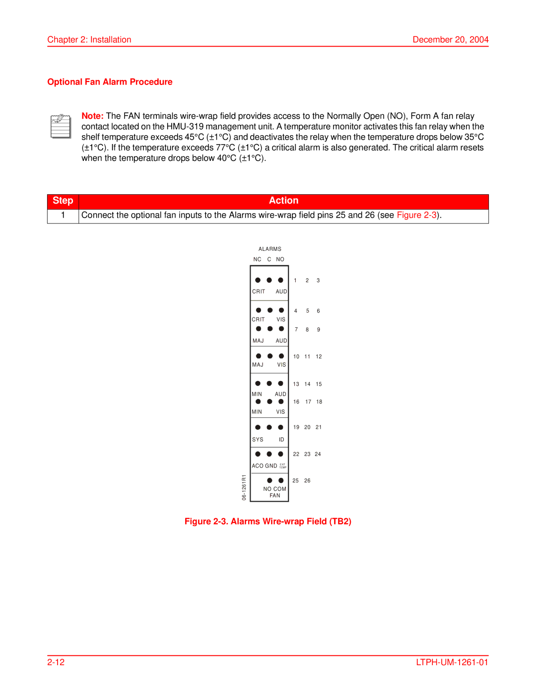 ADC T1MF2S04RA, HMS-318, LTPH-UM-1261-01 user manual Optional Fan Alarm Procedure, Alarms Wire-wrap Field TB2 