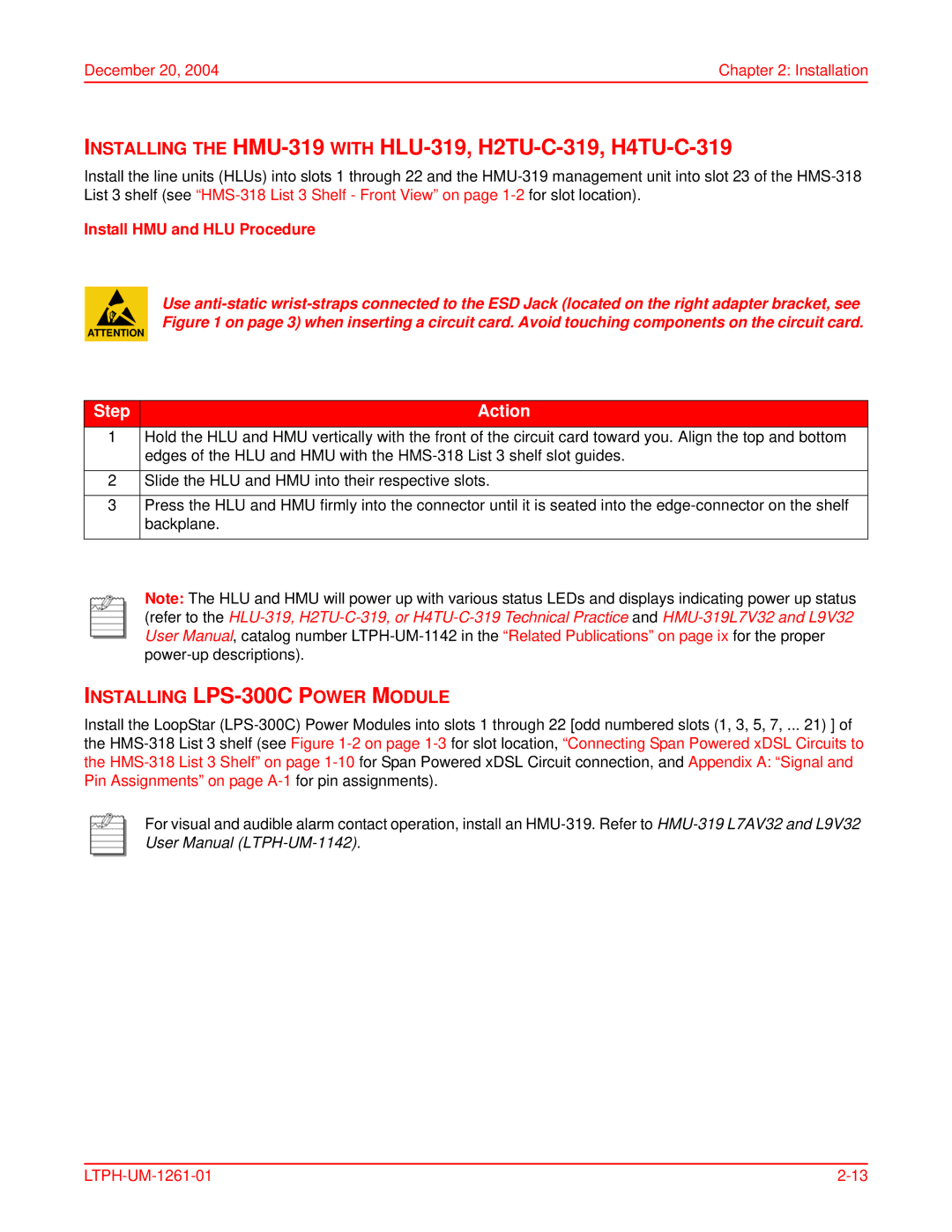 ADC LTPH-UM-1261-01, HMS-318, T1MF2S04RA user manual Installing LPS-300C Power Module, Install HMU and HLU Procedure 