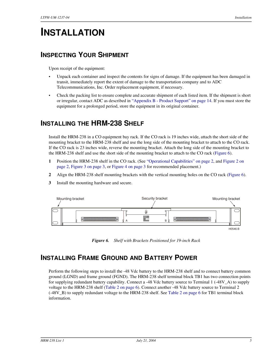 ADC HRM-238 L1 user manual Installation, Inspecting Your Shipment, Installing the HRM-238 Shelf 