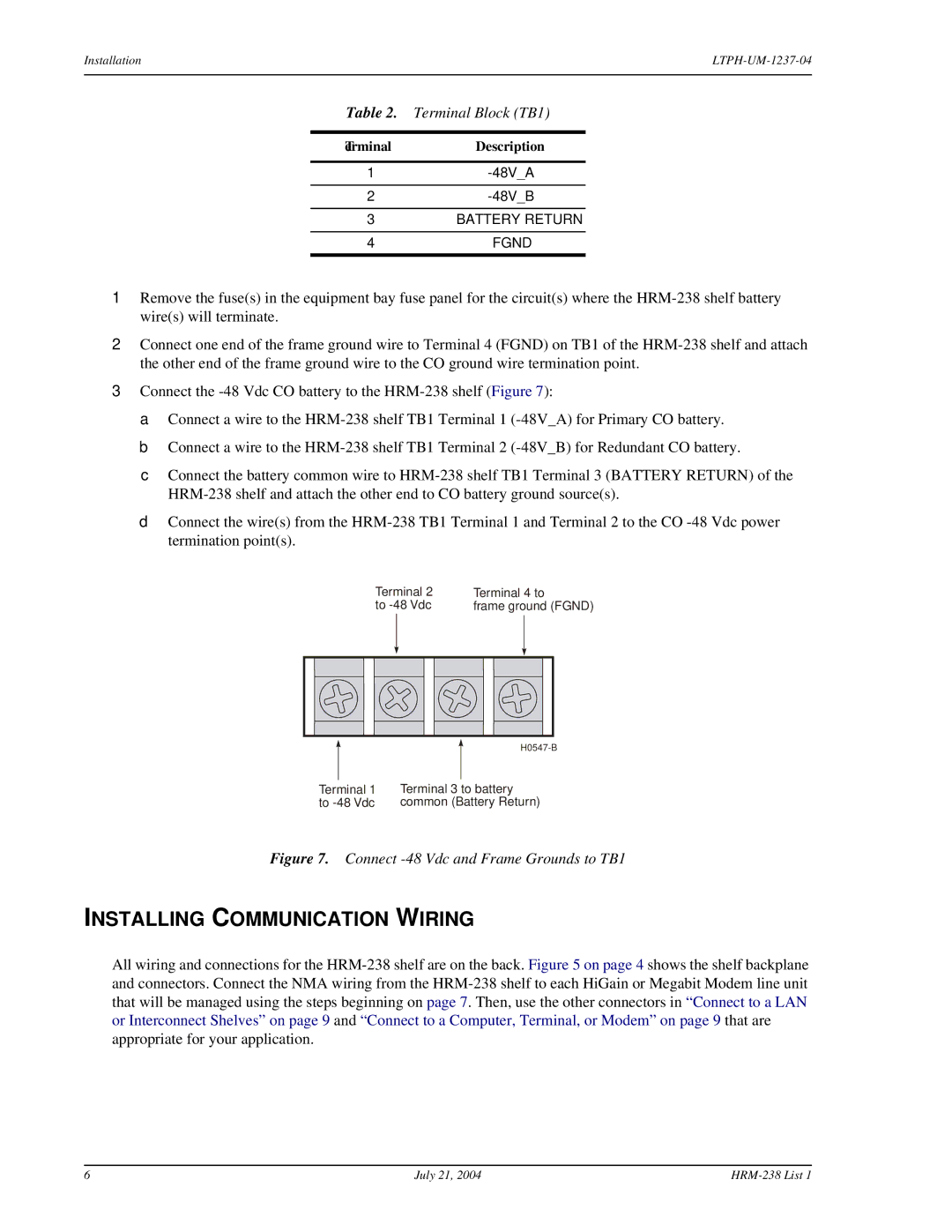 ADC HRM-238 L1 user manual Installing Communication Wiring, Terminal Block TB1 