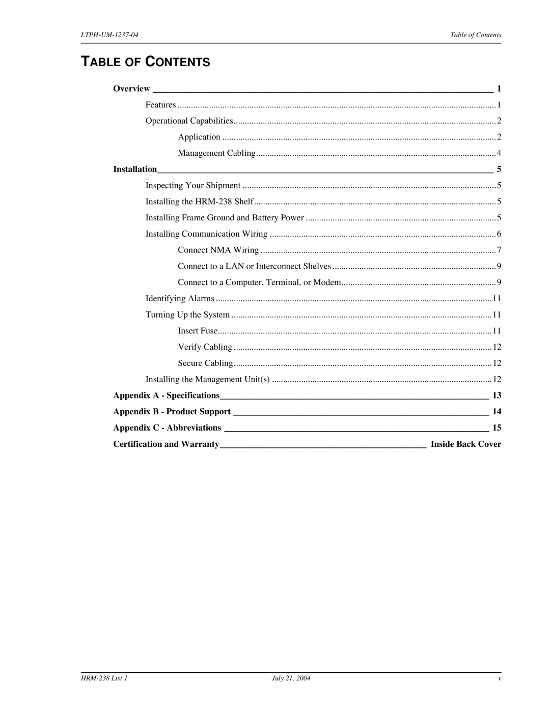 ADC HRM-238 L1 user manual Table of Contents 