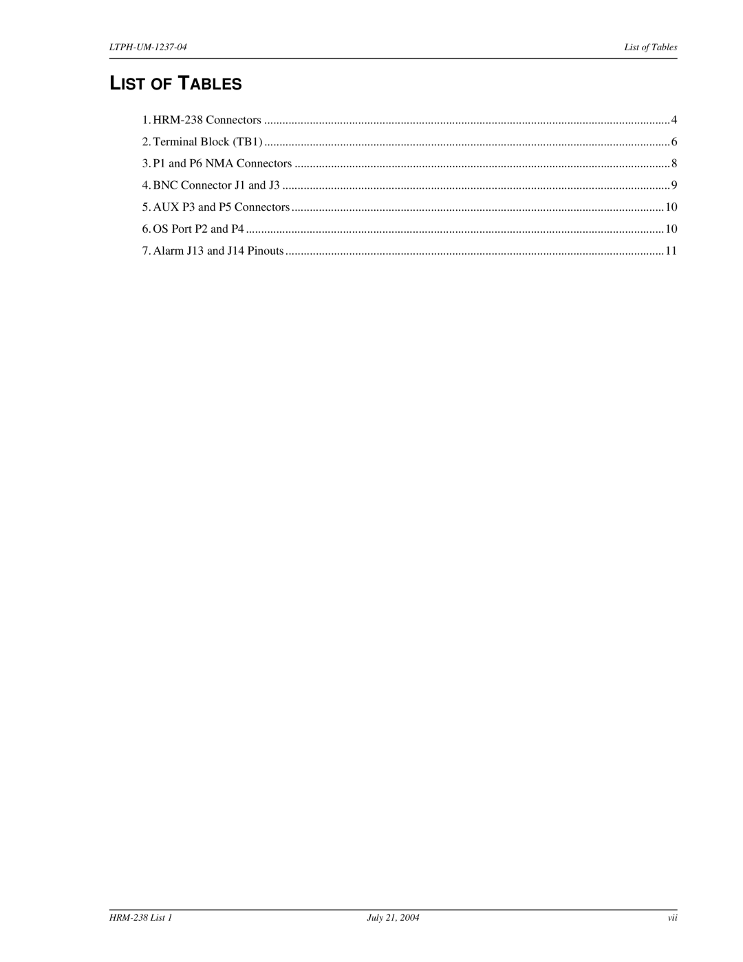 ADC HRM-238 L1 user manual List of Tables, OS Port P2 and P4 Alarm J13 and J14 Pinouts 