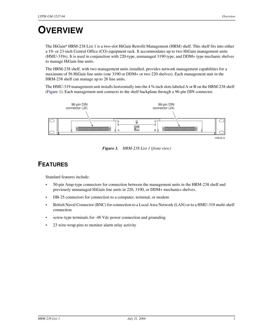 ADC HRM-238 L1 user manual Overview, Features 