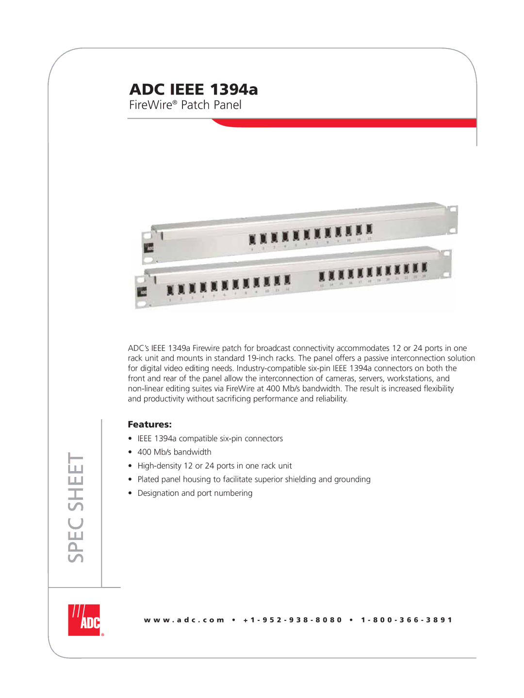 ADC IEEE 1394a manual Spec Sheet, Features 