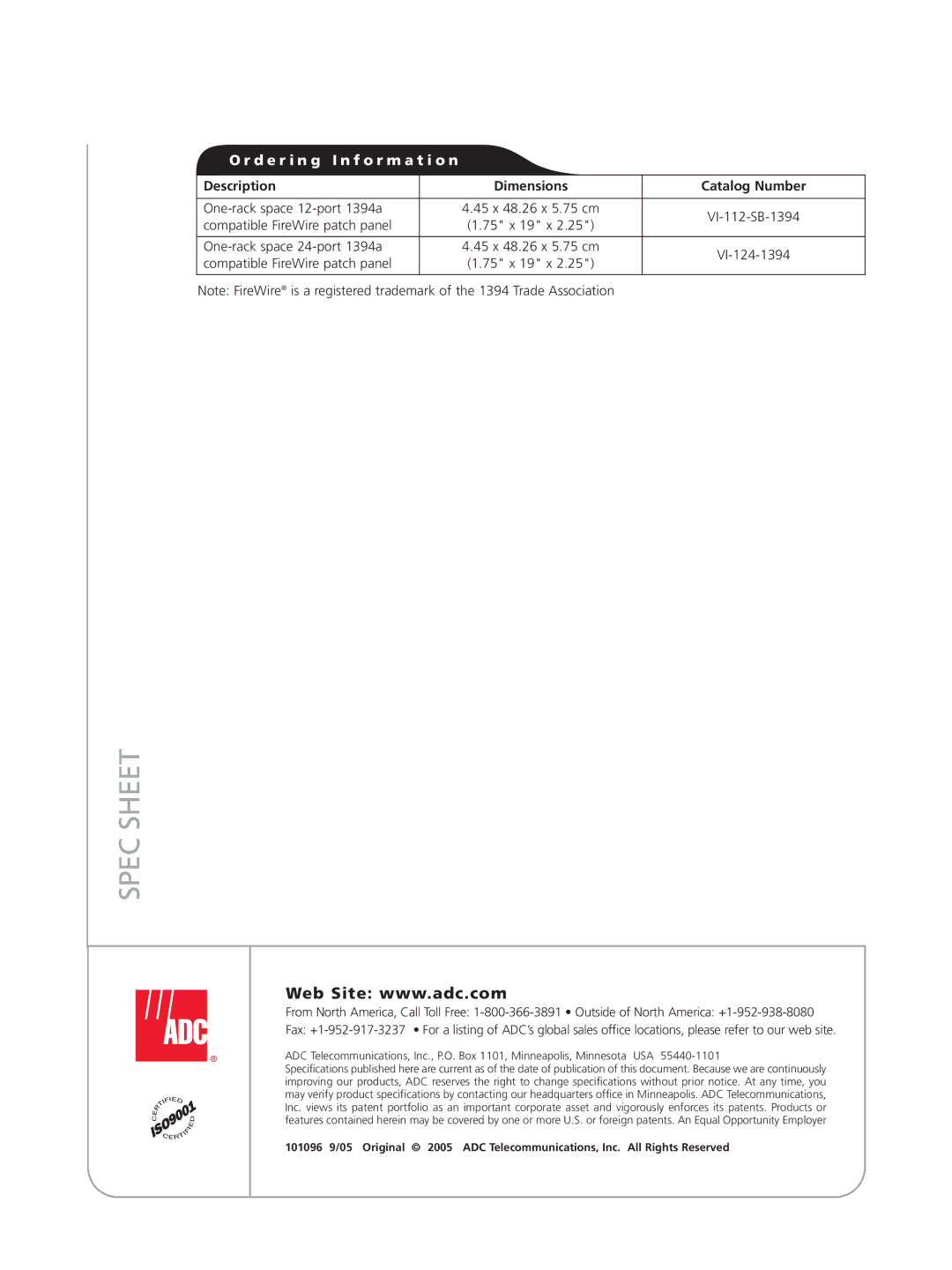 ADC IEEE 1394a manual Spec Sheet, D e r i n g I n f o r m a t i o n, Description Dimensions Catalog Number 