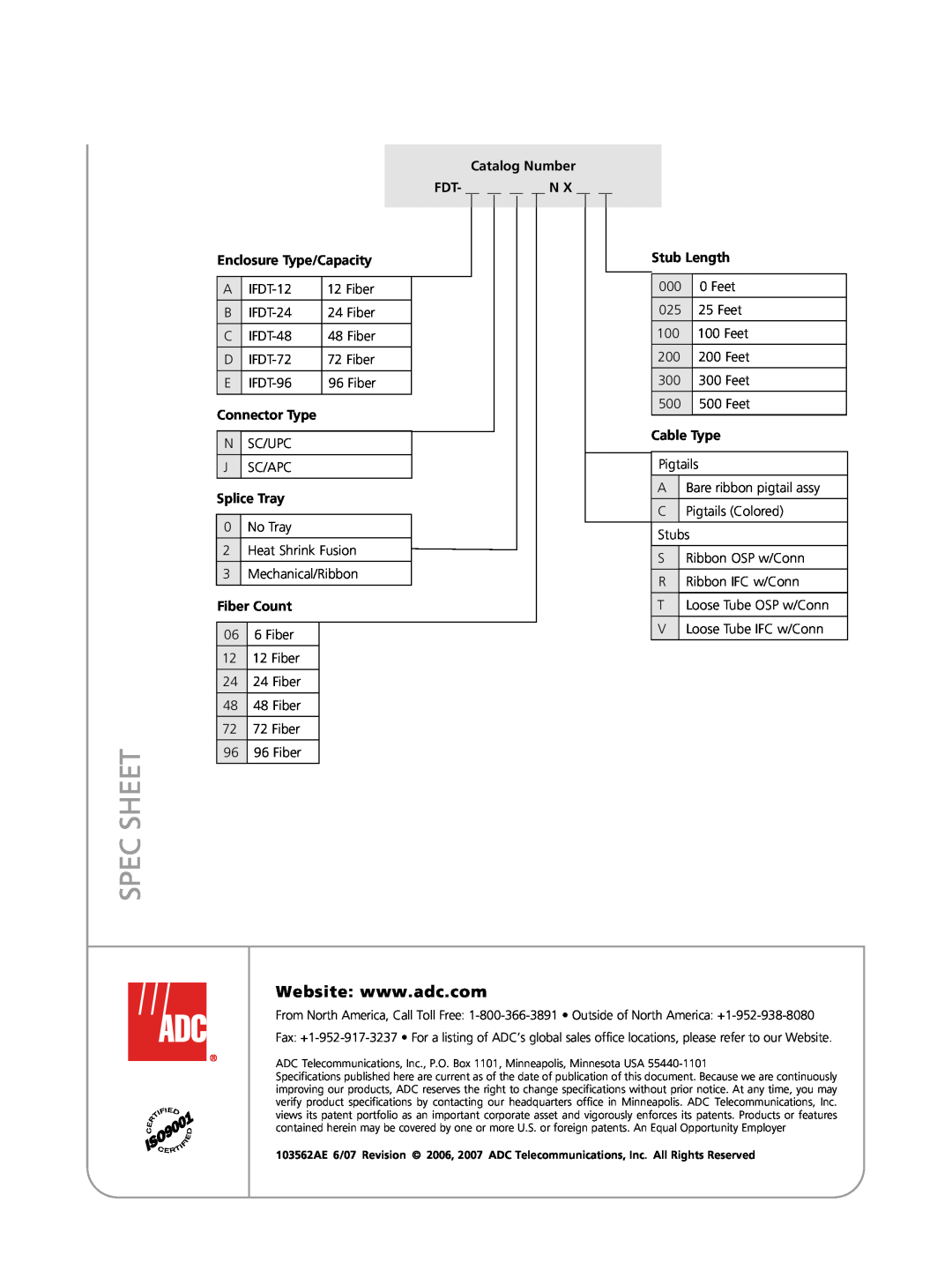ADC Indoor Fiber Distribution Terminals Spec Sheet, Enclosure Type/Capacity, Connector Type, Splice Tray, Fiber Count 