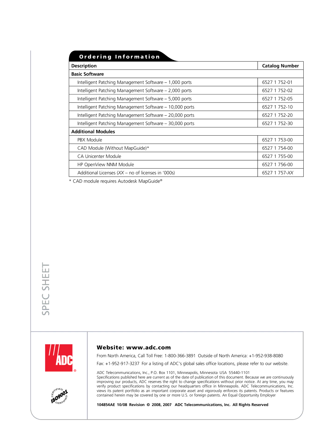 ADC Intelligent Patching warranty Description Basic Software Catalog Number, Additional Modules 