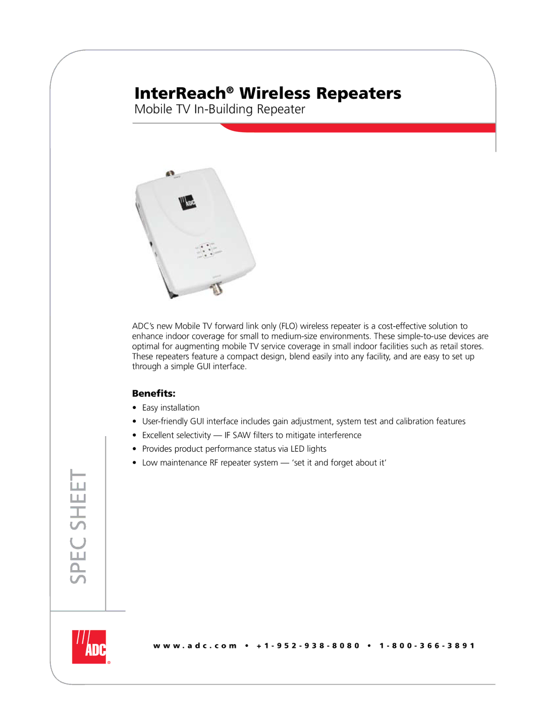 ADC InterReach manual Spec Sheet, Mobile TV In-Building Repeater 