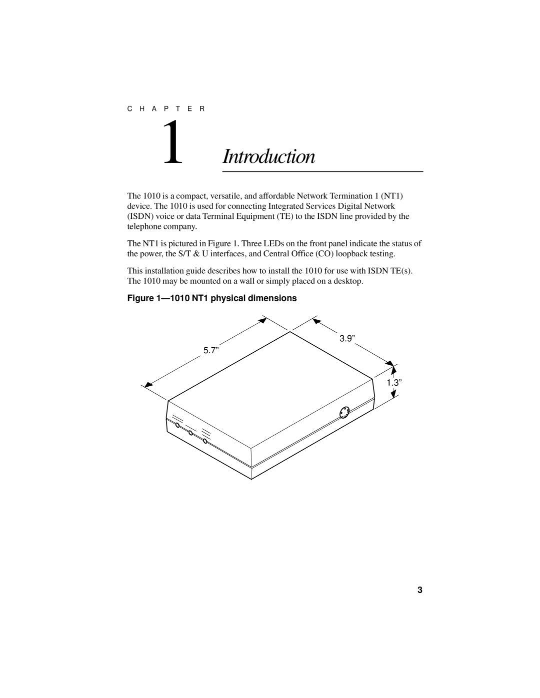 ADC ISDN NT11010 manual Introduction, 1010 NT1 physical dimensions 