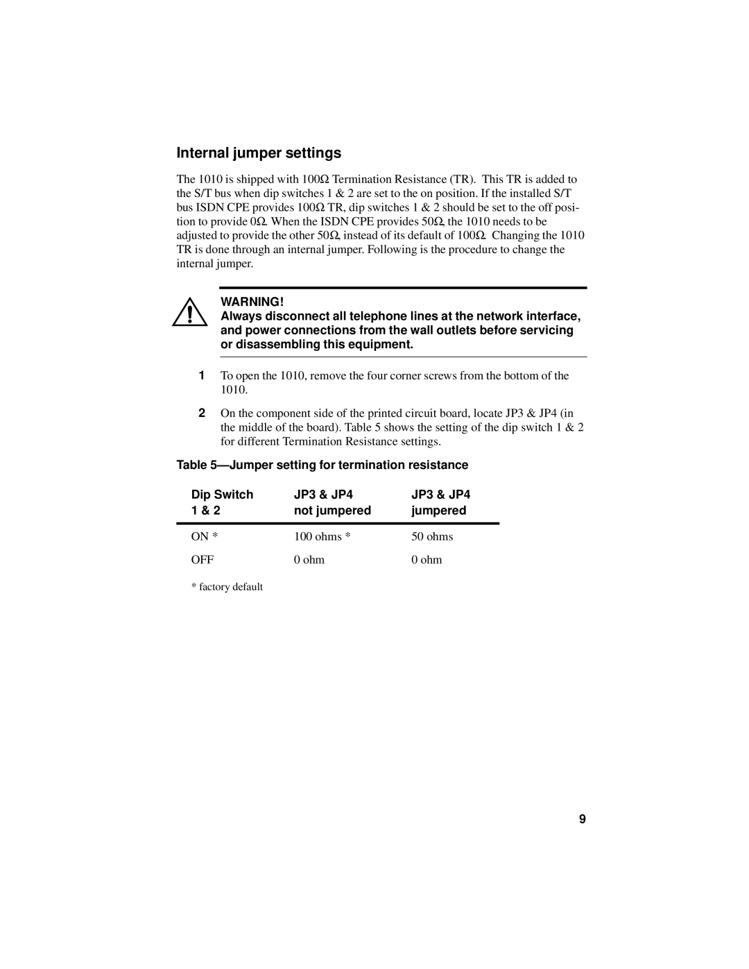 ADC ISDN NT11010 manual Internal jumper settings 