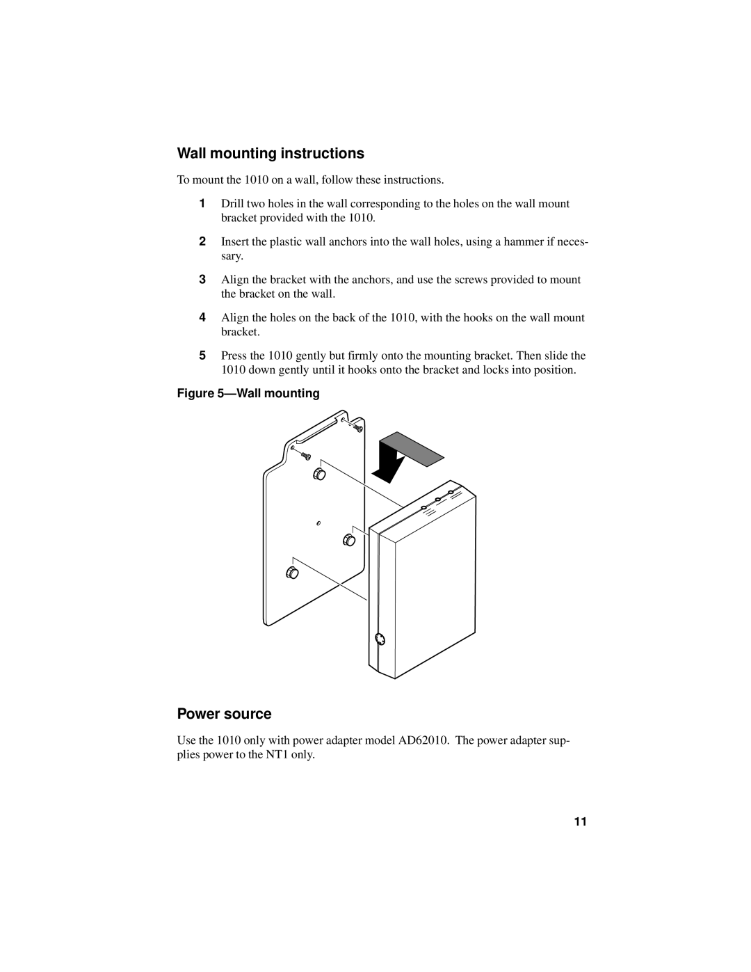 ADC ISDN NT11010 manual Wall mounting instructions, Power source 