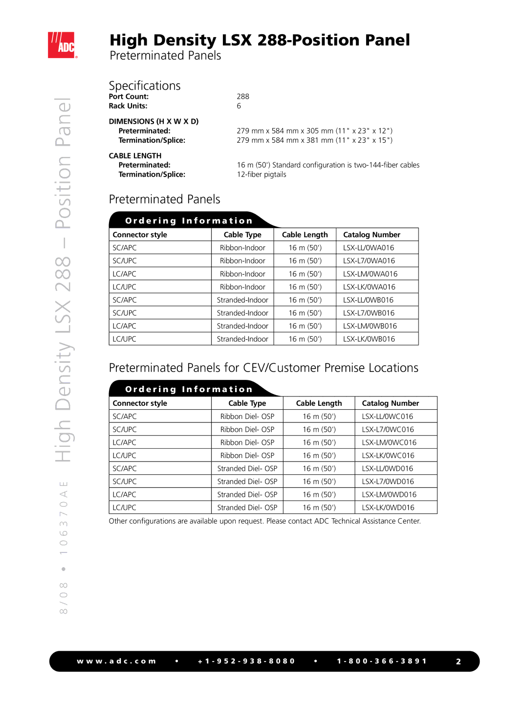 ADC manual 8 1 0 6 3 7 0 a E High Density LSX 288 Position Panel, Preterminated Panels Specifications 