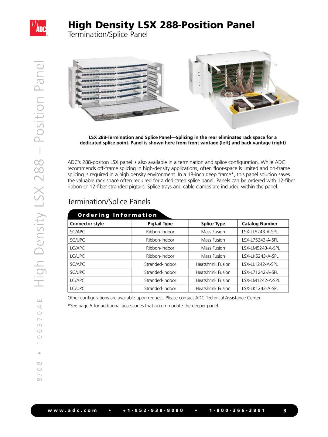 ADC LSX 288 manual Termination/Splice Panels, Connector style Pigtail Type Splice Type Catalog Number 