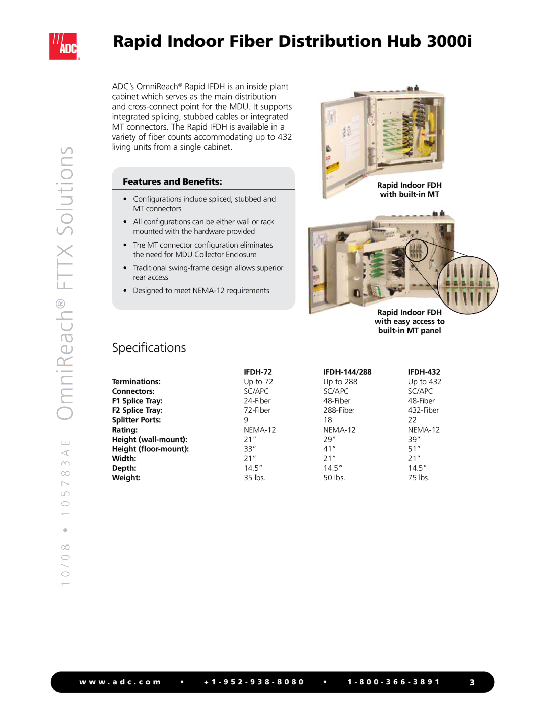 ADC MDU Rapid Fiber System manual Fttx Solutions, Specifications 