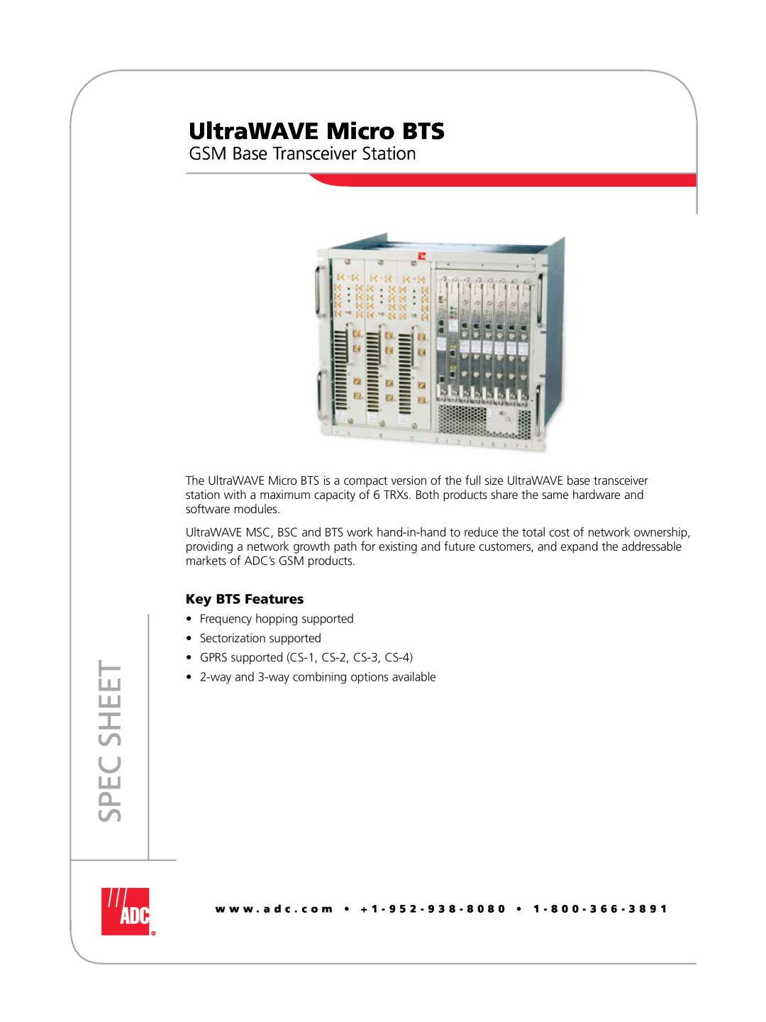 ADC manual UltraWAVE Micro BTS, GSM Base Transceiver Station, Spec Sheet, Key BTS Features 