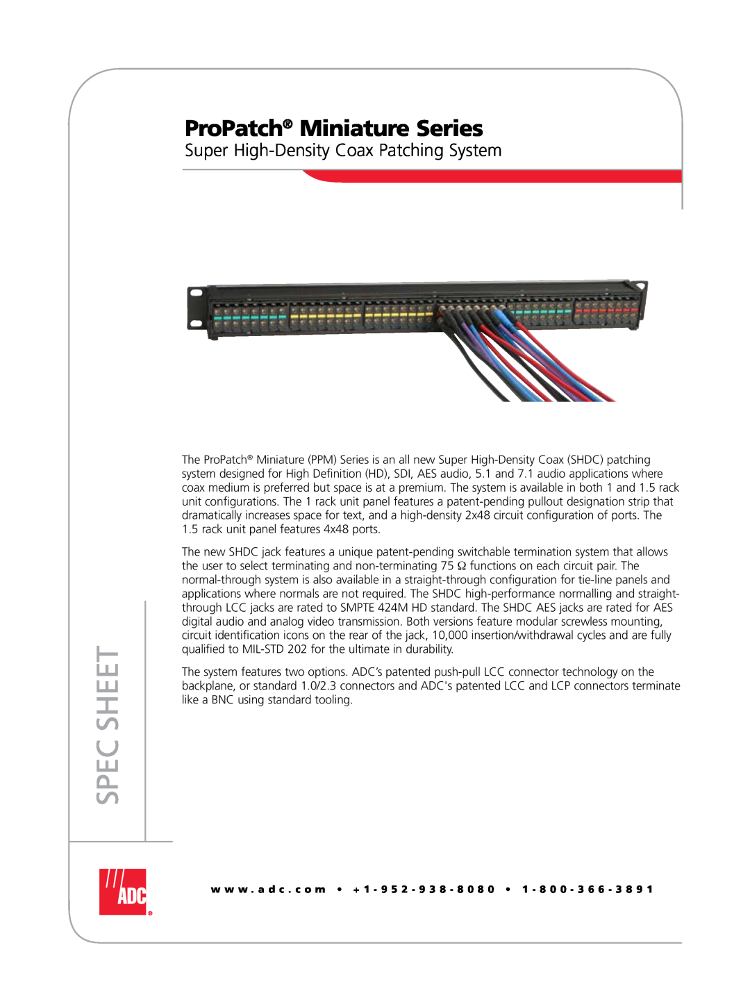ADC manual ProPatch Miniature Series, Super High-Density Coax Patching System, Spec Sheet 