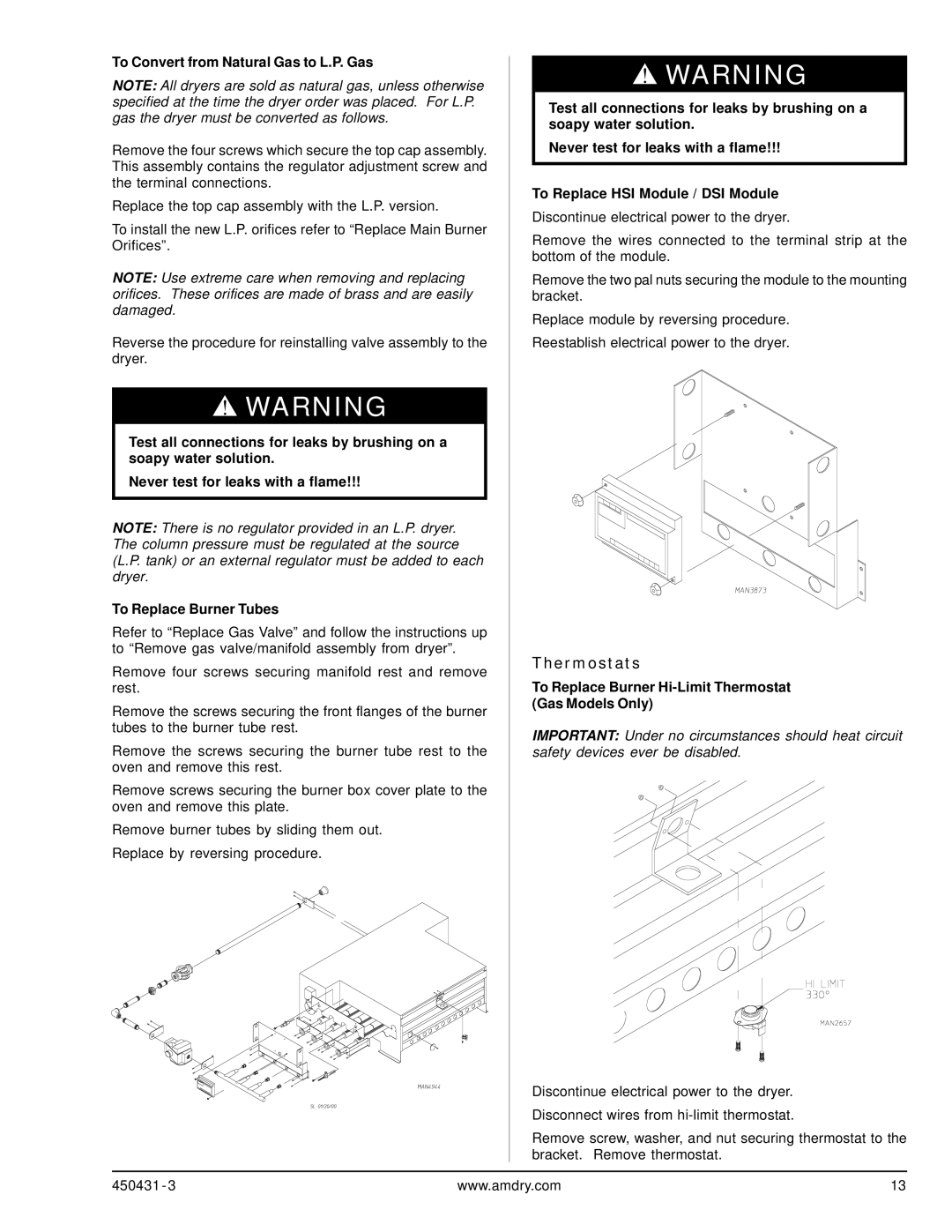 ADC ML-175 Thermostats, To Convert from Natural Gas to L.P. Gas, To Replace Burner Hi-Limit Thermostat Gas Models Only 