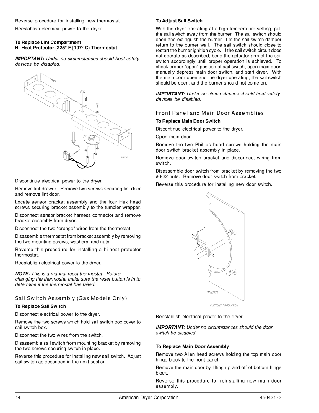 ADC ML-190, ML-175 service manual Sail Switch Assembly Gas Models Only, Front Panel and Main Door Assemblies 