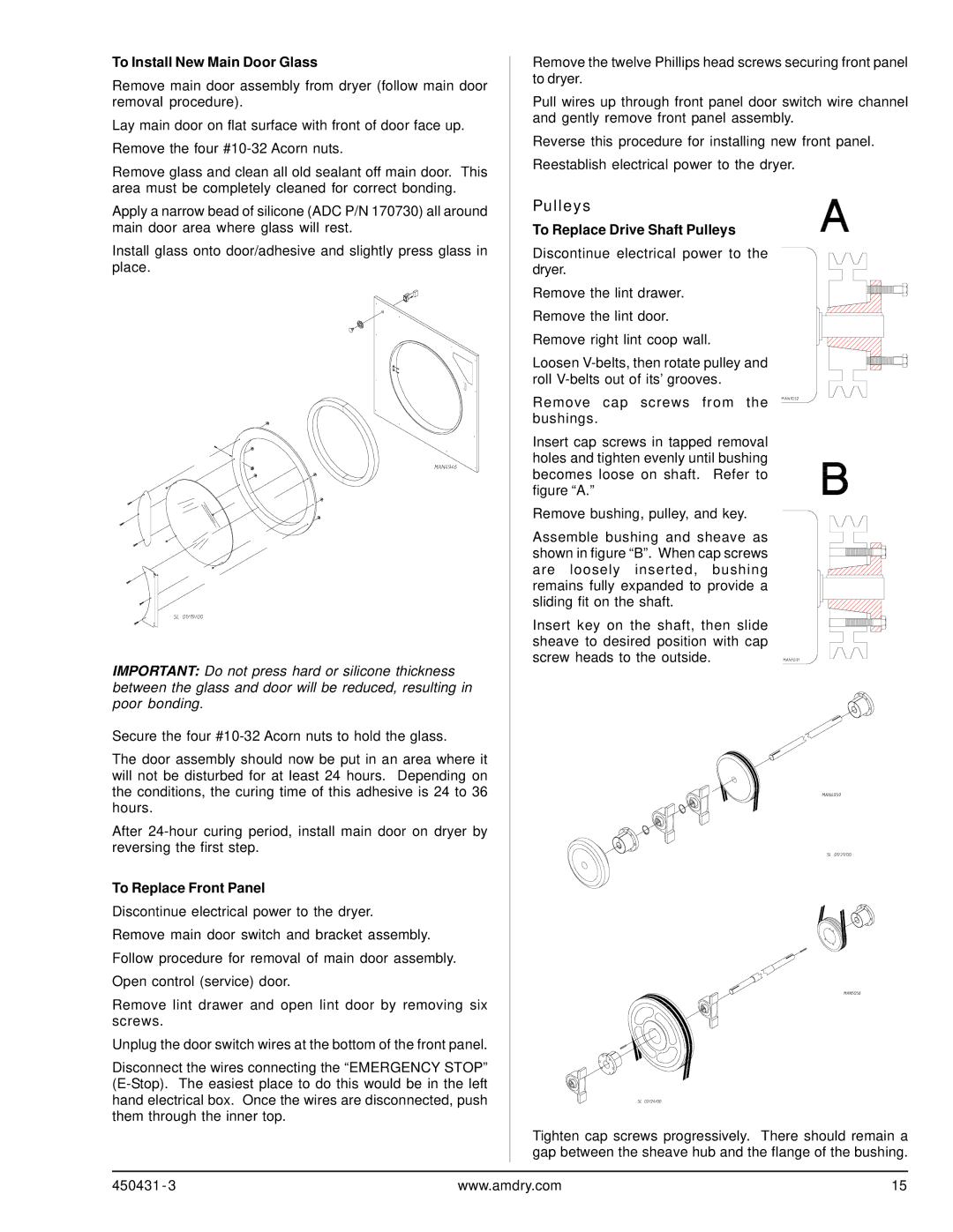 ADC ML-175, ML-190 service manual To Install New Main Door Glass, To Replace Front Panel, To Replace Drive Shaft Pulleys 