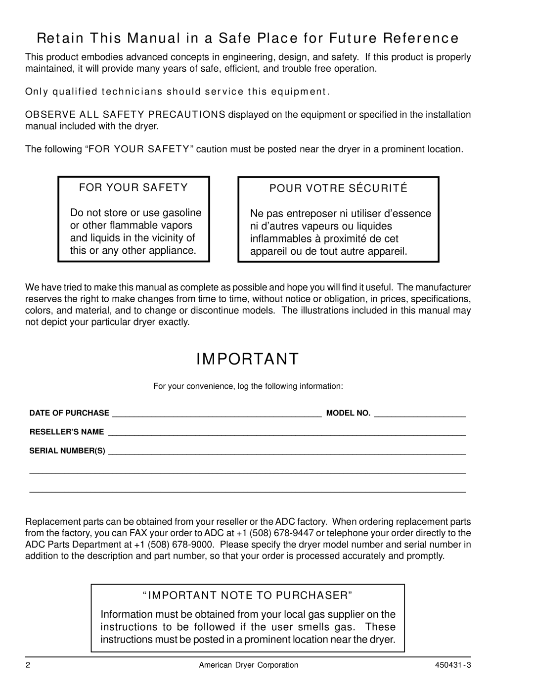 ADC ML-190, ML-175 service manual Retain This Manual in a Safe Place for Future Reference 