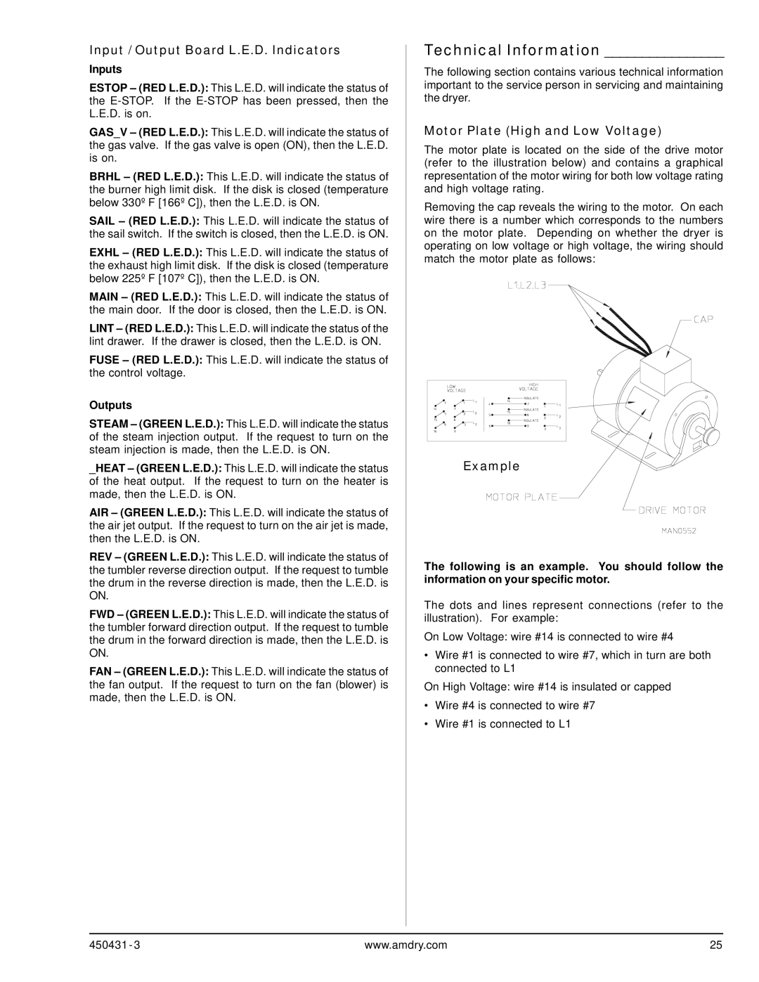 ADC ML-175 Technical Information, Input / Output Board L.E.D. Indicators, Motor Plate High and Low Voltage, Example 