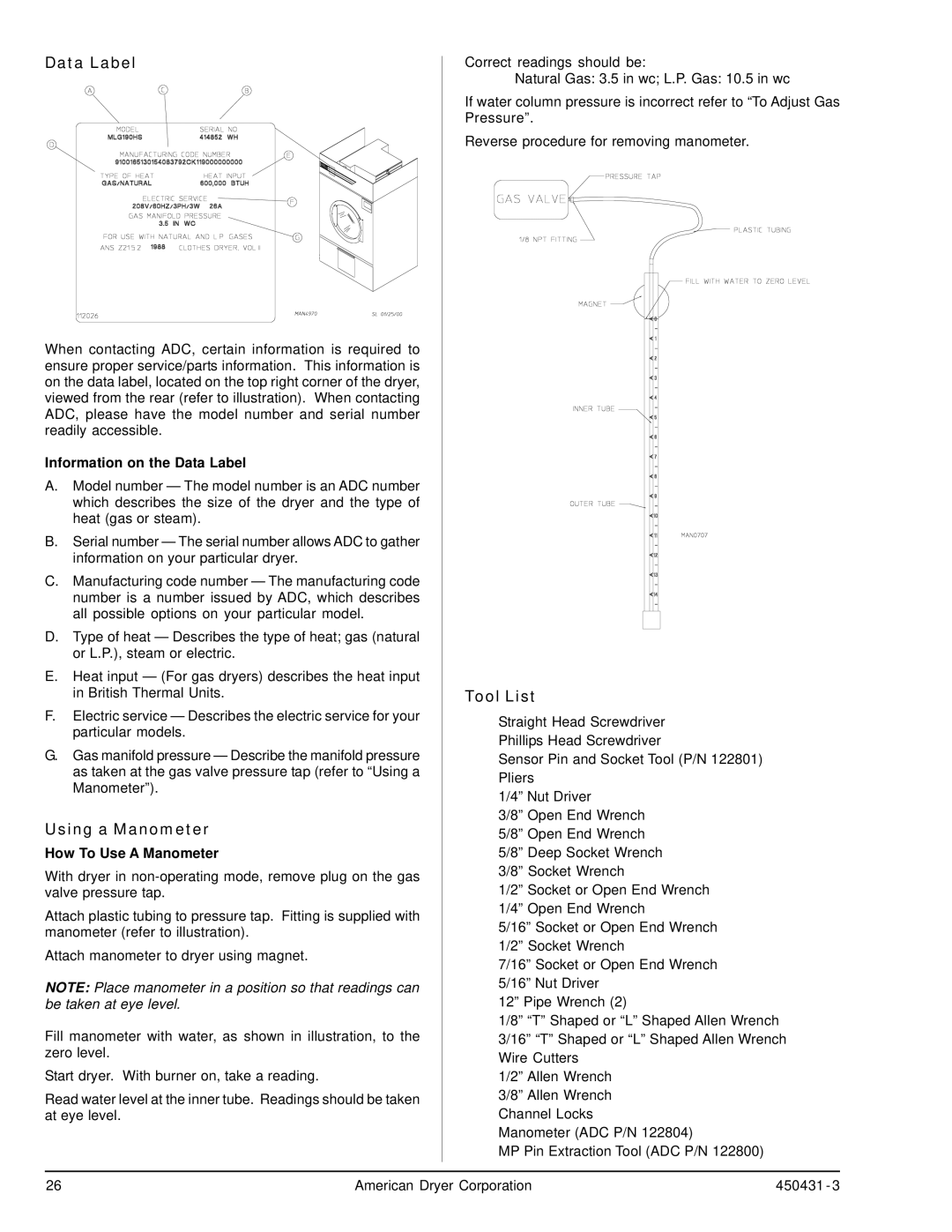 ADC ML-190, ML-175 service manual Using a Manometer, Tool List, Information on the Data Label, How To Use a Manometer 