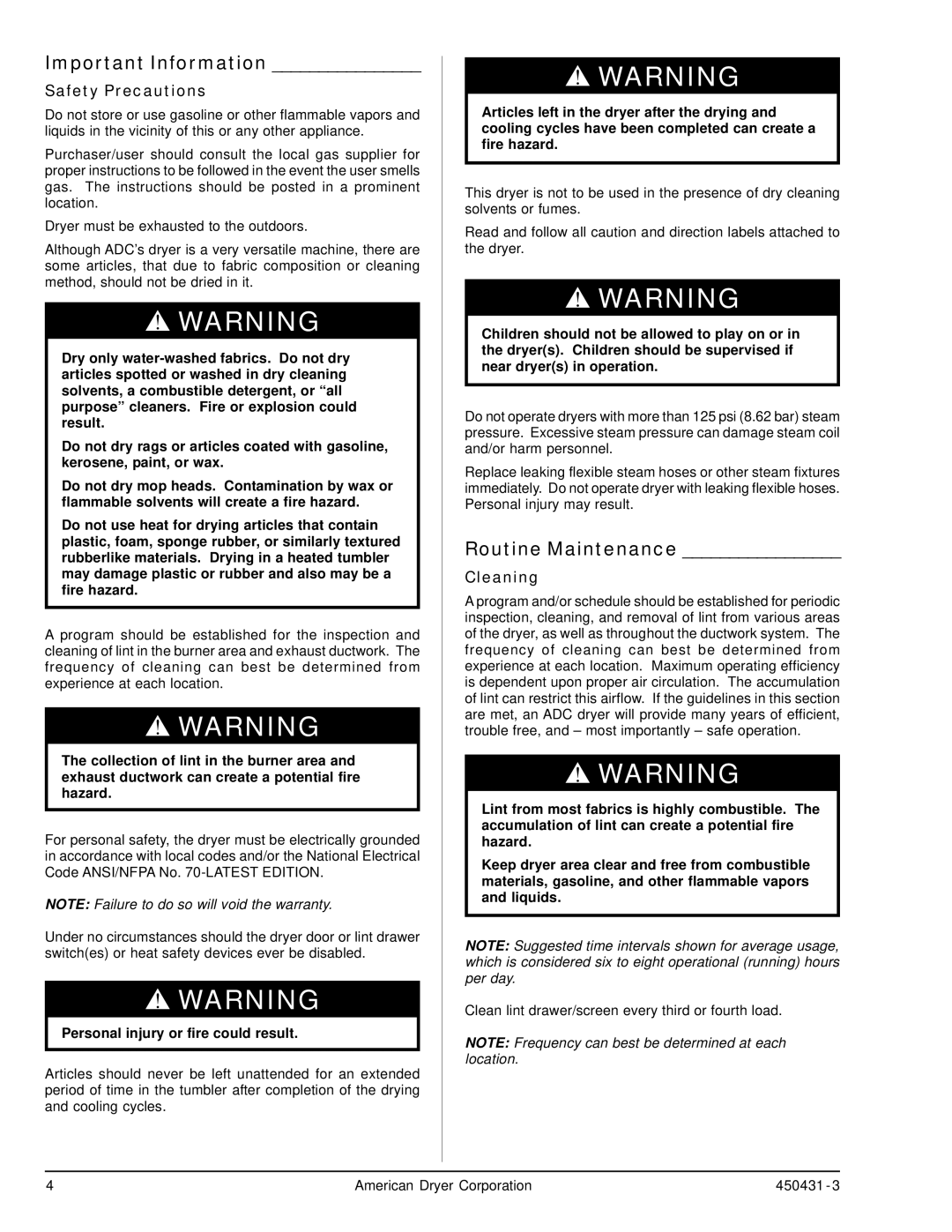 ADC ML-190 Important Information, Routine Maintenance, Safety Precautions, Cleaning, Personal injury or fire could result 